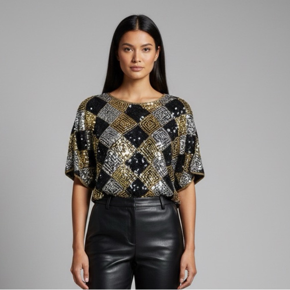 Vintage Silk Sequined Checkered Harlequin Top - Black, Gold, Silver